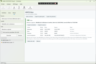 Logiciel Génialogie - Décès, médaillés de la Résistance - Cliquez pour agrandir